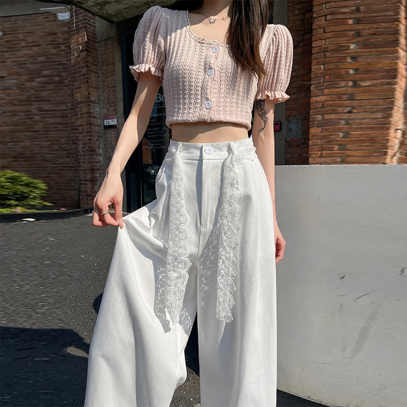 蕾丝系带拼接洗水白色阔腿裤女2025年夏季高腰宽松九分休闲直筒裤