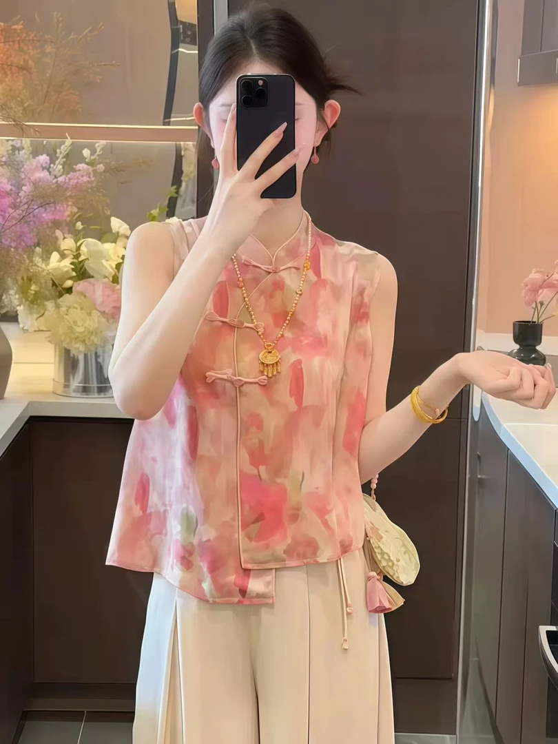 单层薄款斜襟新中式气质国风盘扣粉色马甲2025夏季无袖有袖上衣
