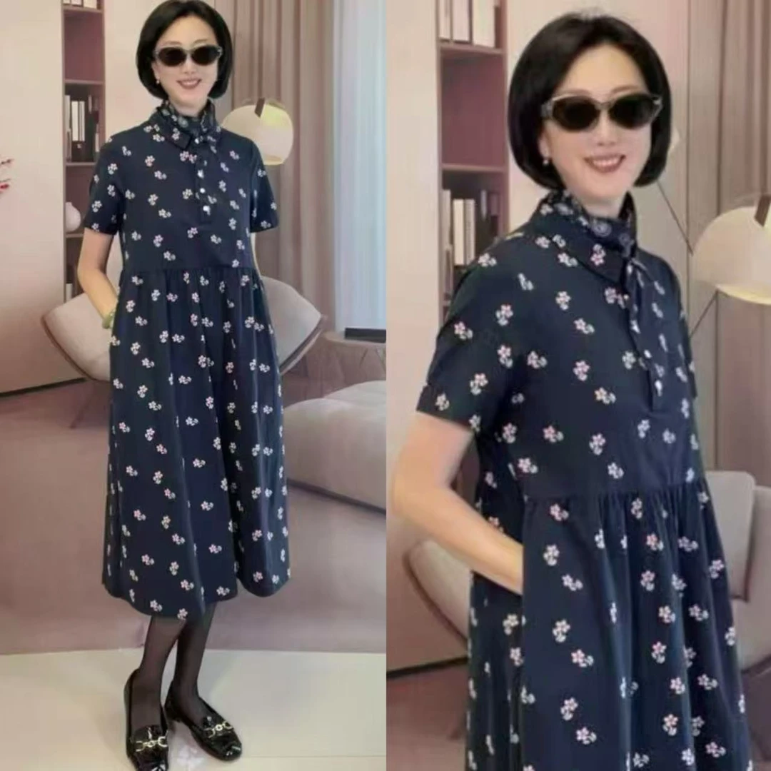 休闲腰间捏褶大口袋娃娃领减龄夏季显瘦连衣裙宽松连衣裙