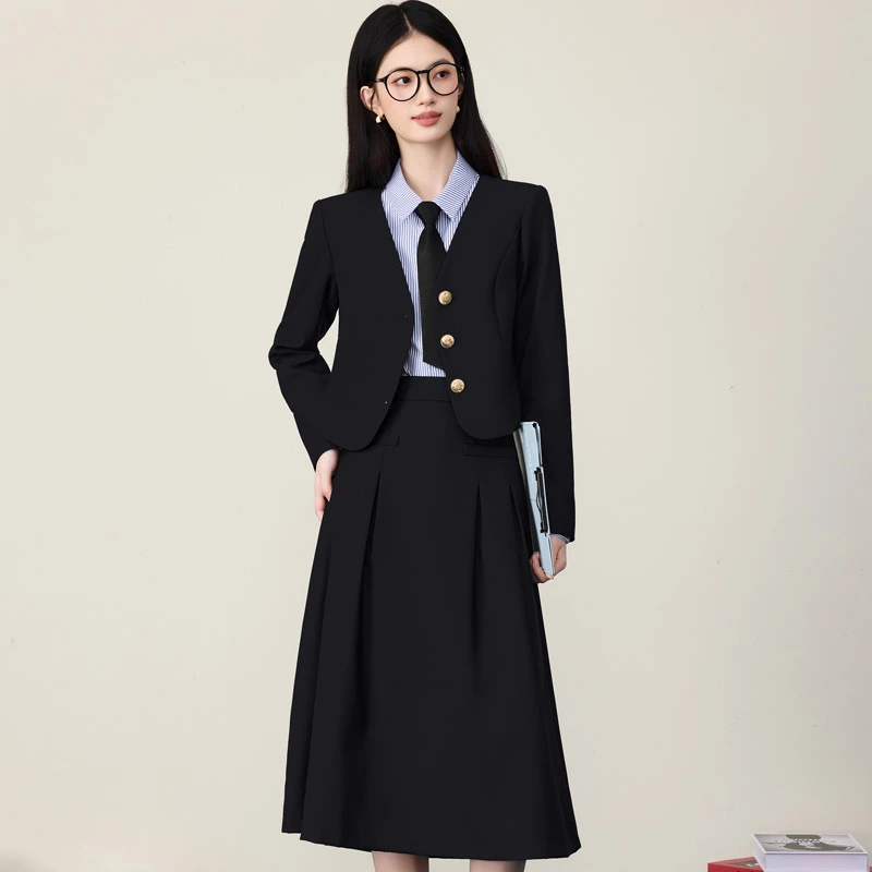 【爆款】灰色高级感领长袖小西装外套女衬衫裙子秋冬季新款三件套装