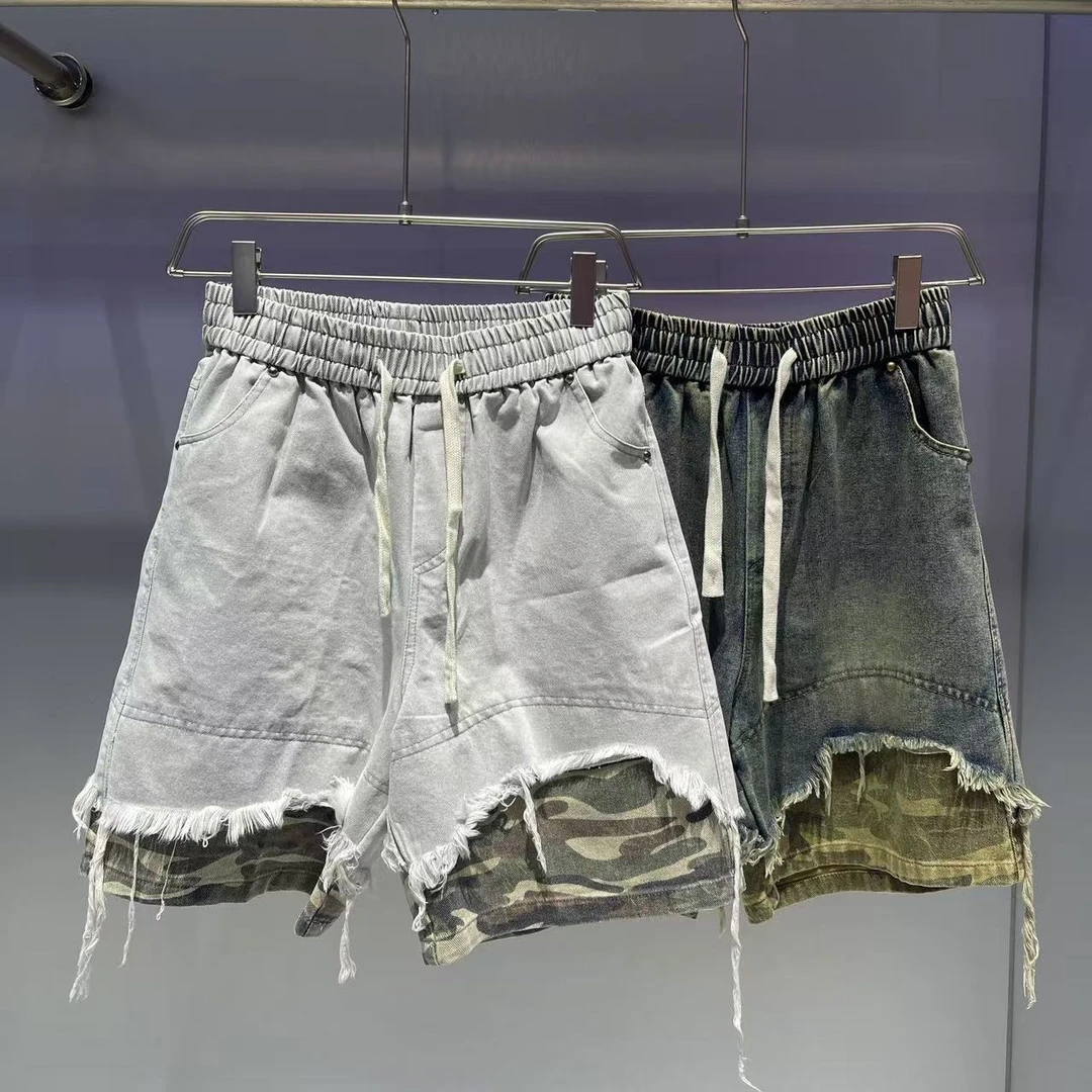 美式复古个性水洗牛仔拼接迷彩夏季宽松工装短裤-DK2506