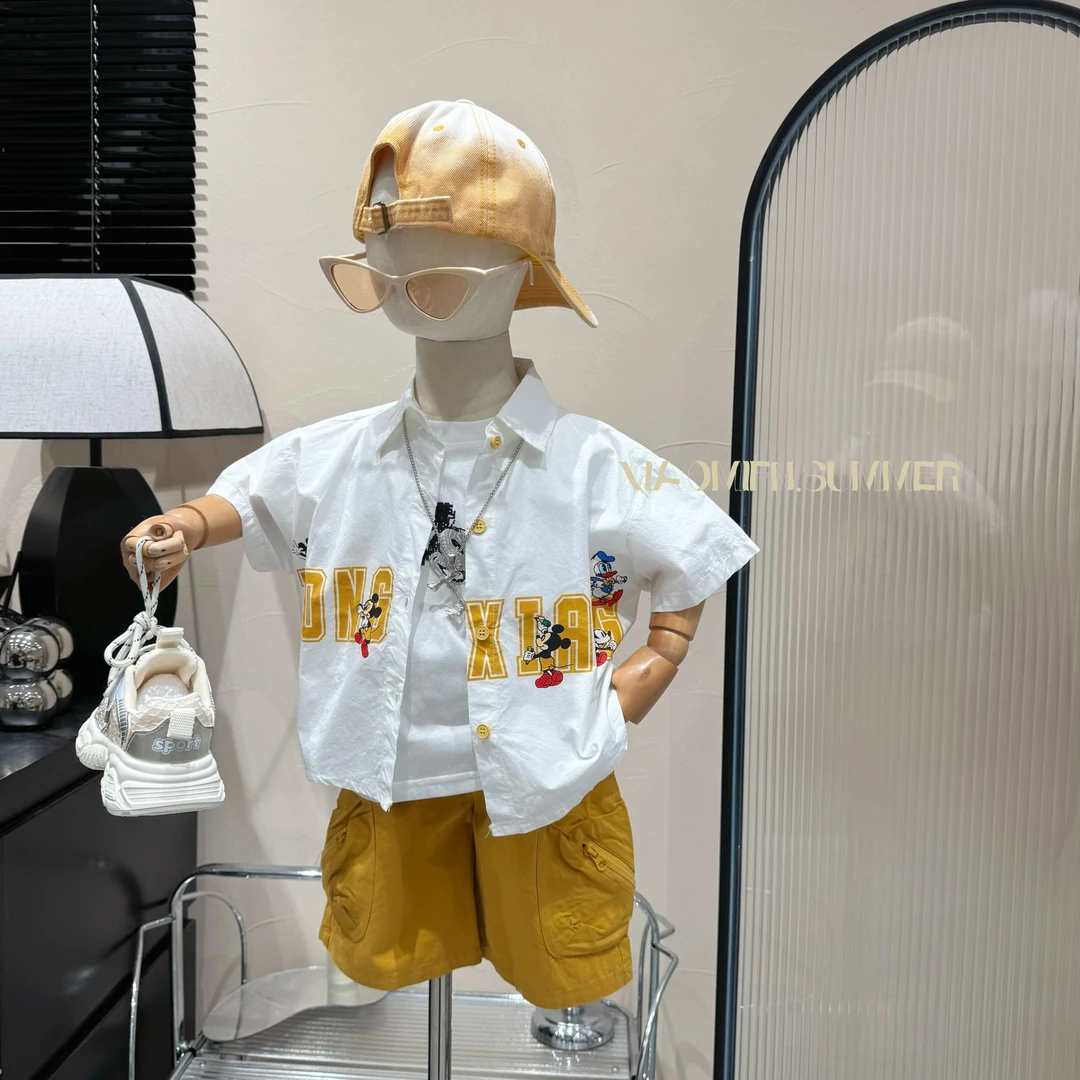 现货〃2025夏新款套装衬衫短袖T恤短裤韩版男童洋气潮酷儿童GH2020