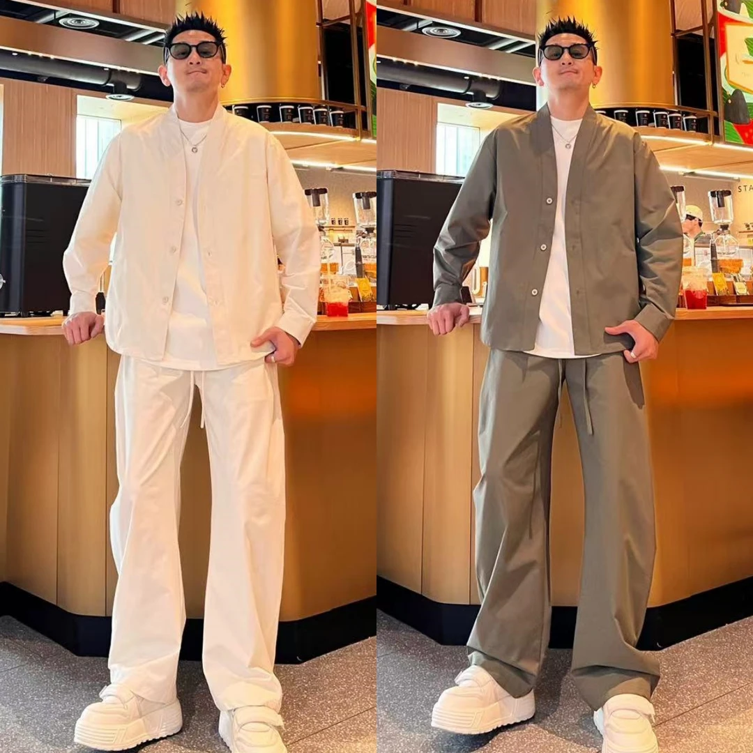 春夏简约经典纯色百搭高级感V领系扣时尚潮流休闲套装情侣装韩版