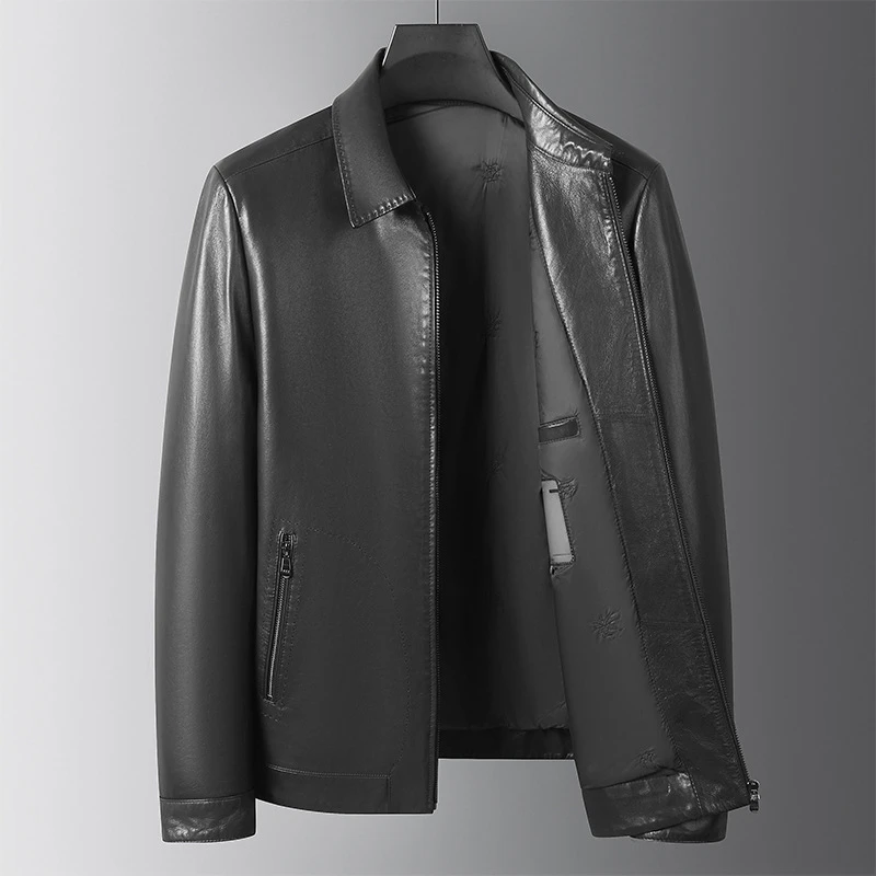 外贸秋冬款男士翻领山羊皮夹克加蚕丝海宁真皮皮衣外套商务通勤男