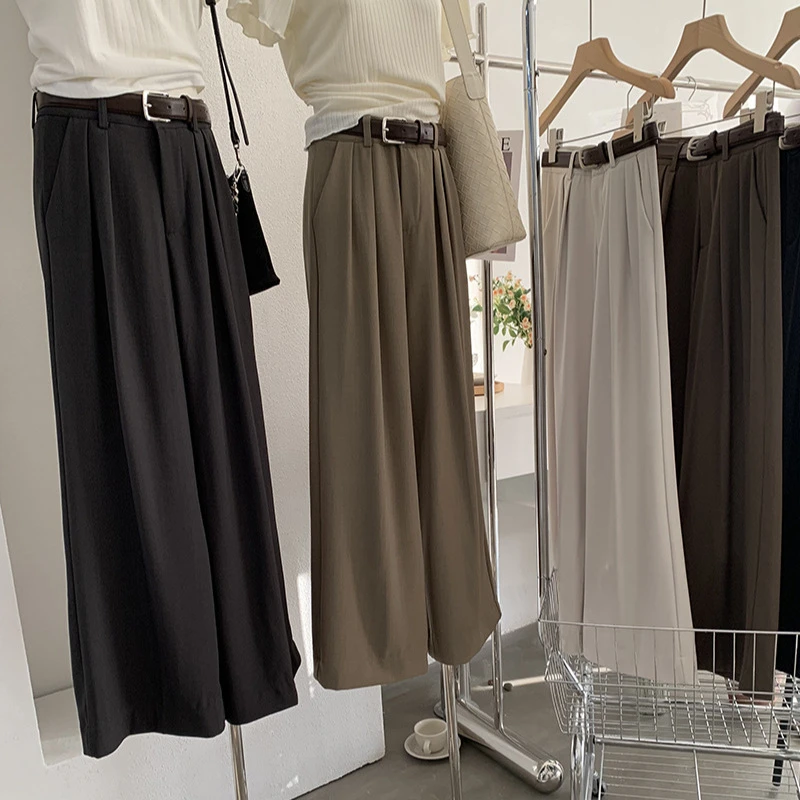 欧玛莱2026春季时尚高腰宽松垂感阔腿裤长裤腰带需另外购买6096