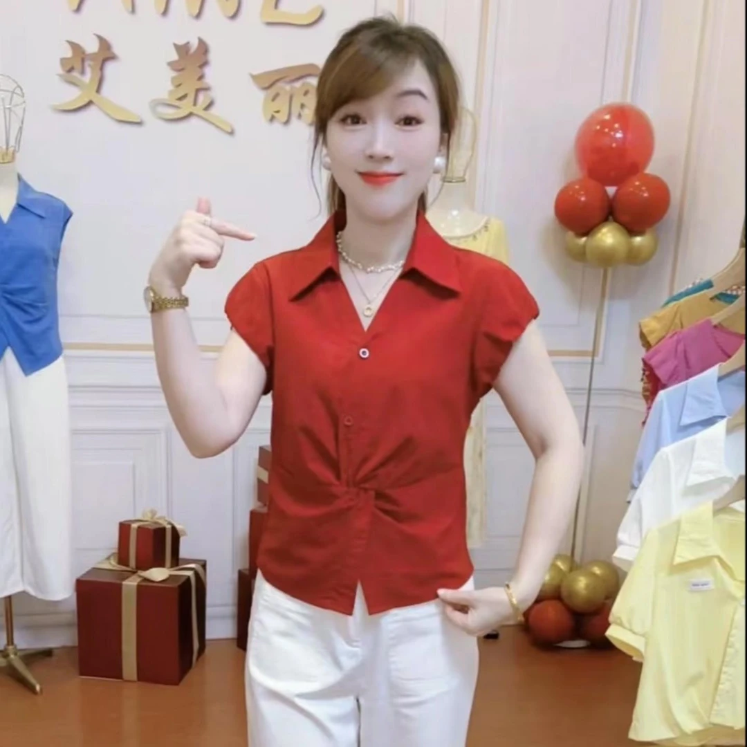 时尚衬衫女2025夏季新款洋气收腰显瘦减龄高级感扭结百搭短袖上衣