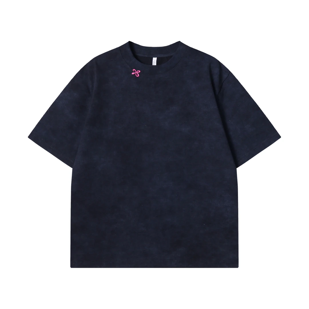 夏季高级感新款韩版扎染晕染刺绣圆领半袖T恤简约休闲百搭上衣