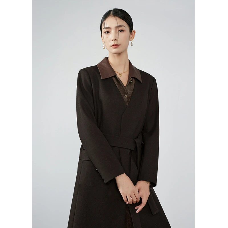 老钱复古高级感羊毛呢中长款外套女秋冬新款v领绑带显瘦大衣0197