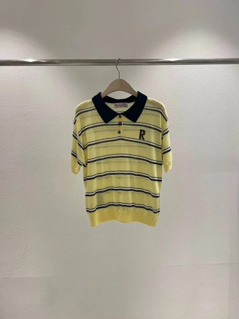 韩国东大门ROOMS条纹黄色清新超薄polo短袖NO退NO换