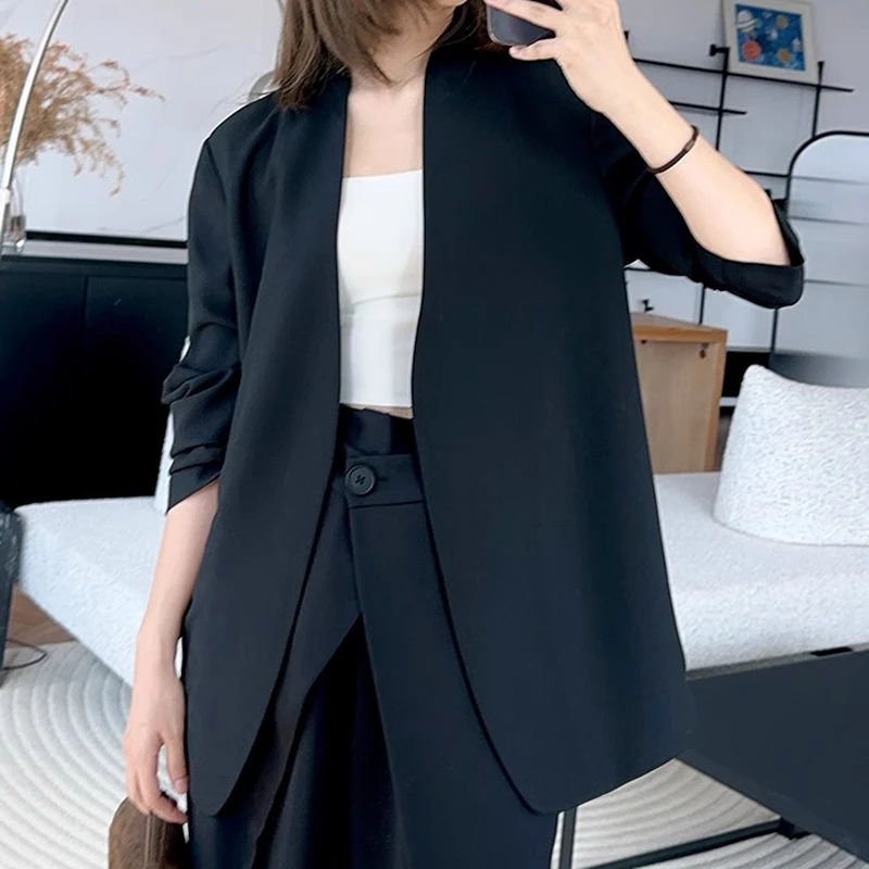 墨尔本夏季西装轻薄时髦麻直筒通勤V领西服外套