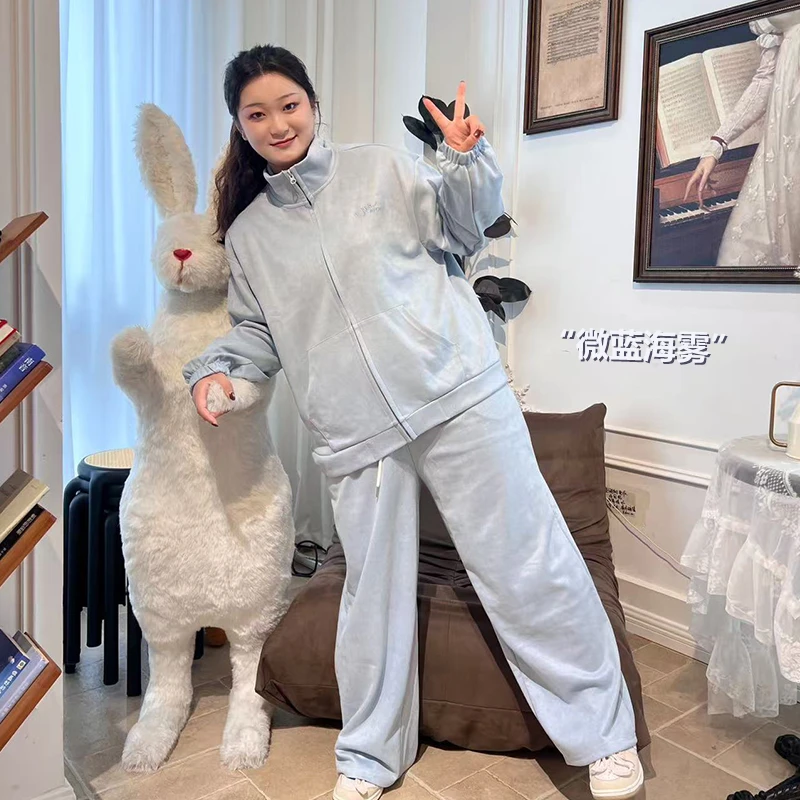 【微蓝海雾系列】微亮大码显瘦麂皮套装微胖遮肉外套休闲裤通勤减龄