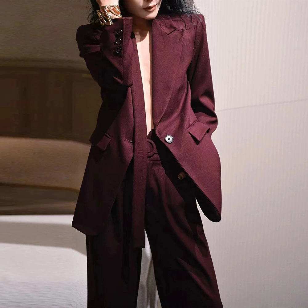 设计感西装套装女今年流行安可拉红飘带西服裤子时尚两件套春秋季