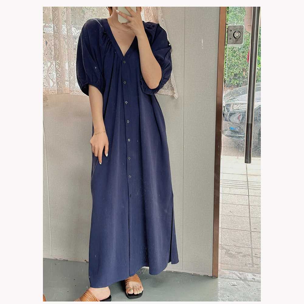 ZR034瑕疵 夏季新款宽松中长款V领短袖开衫休闲连衣裙女