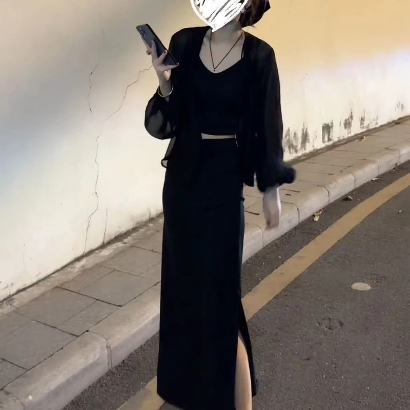 2025夏季新款时尚穿搭三件套气质显瘦防晒衬衫+美背+高腰开叉长裙