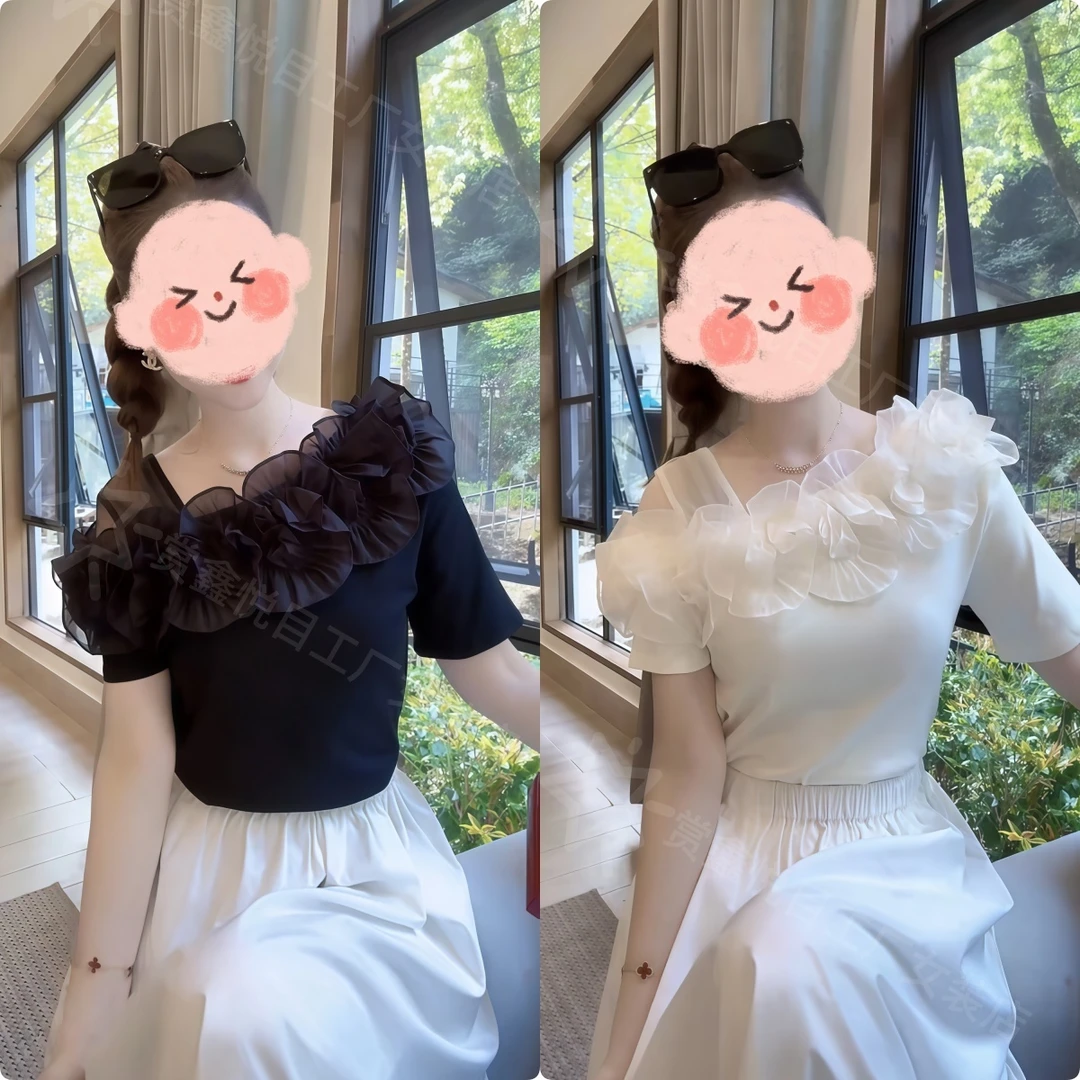 小性感网纱露肩立体花朵短袖T恤女2025年夏季新款木耳边洋气上衣