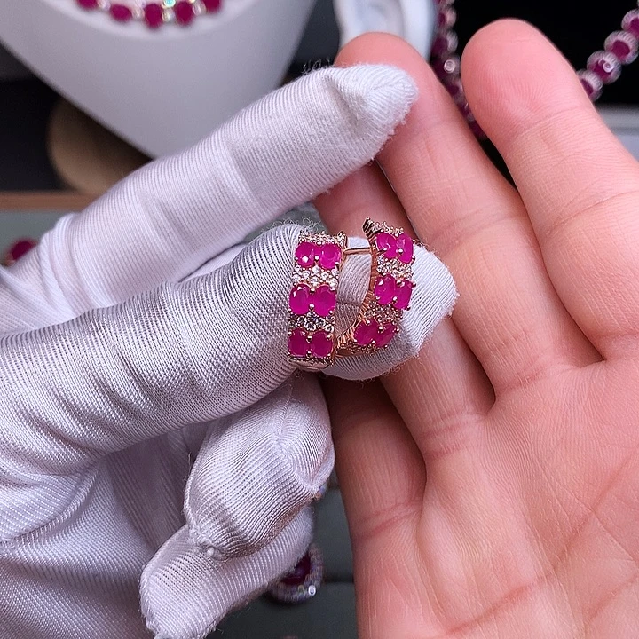 耳饰银S925镶嵌红宝石