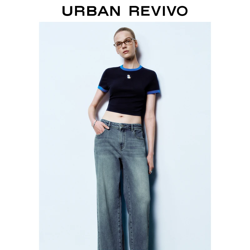 UR2025春季新款女装欧若风撞色趣味猫咪刺绣短袖T恤UYY450077