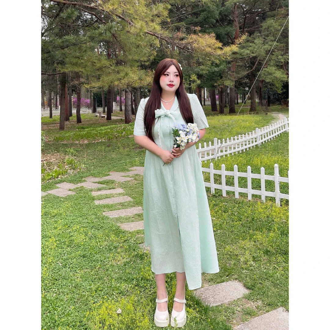 断码捡漏~梦野仙踪/法式蕾丝蝴蝶结短袖连衣裙13894花契大码200斤