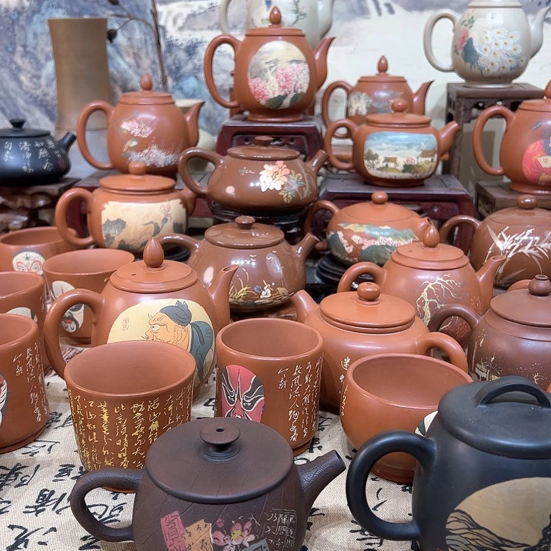 红泥茶壶单**票紫陶多道刻填壶