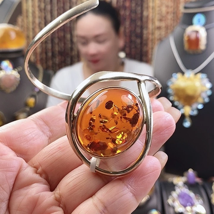 银S925镶嵌琥珀手镯手镯