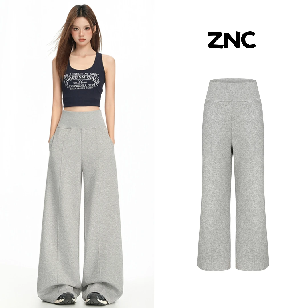 哲娜纯美式复古花灰色休闲裤女宽松垂感高腰显瘦翻边设计长裤卫裤