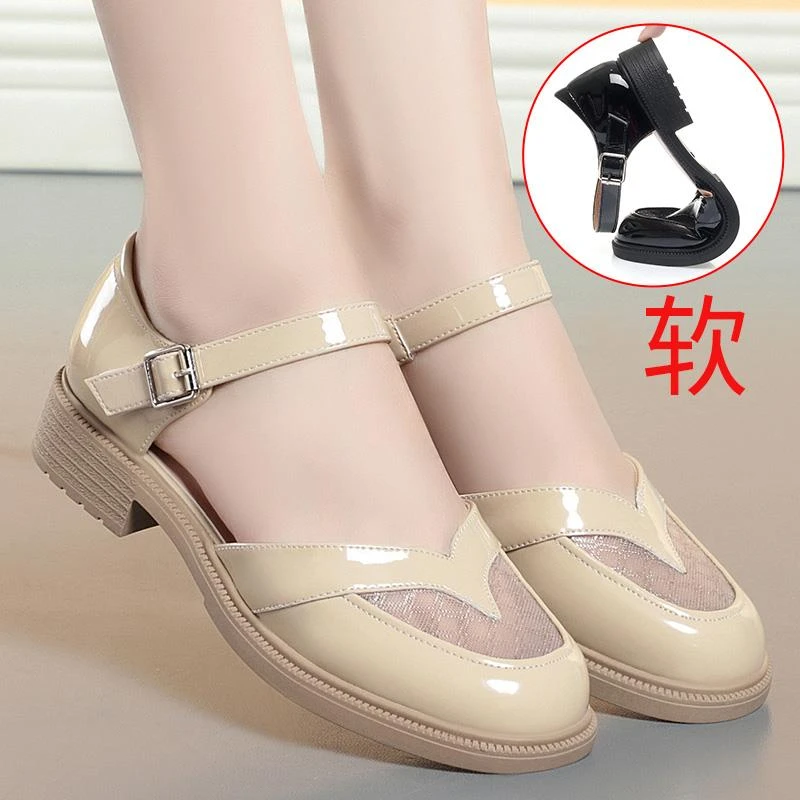 一字扣单鞋女休闲鞋百搭中空鞋粗跟夏季女鞋妈妈鞋子网面包头凉鞋