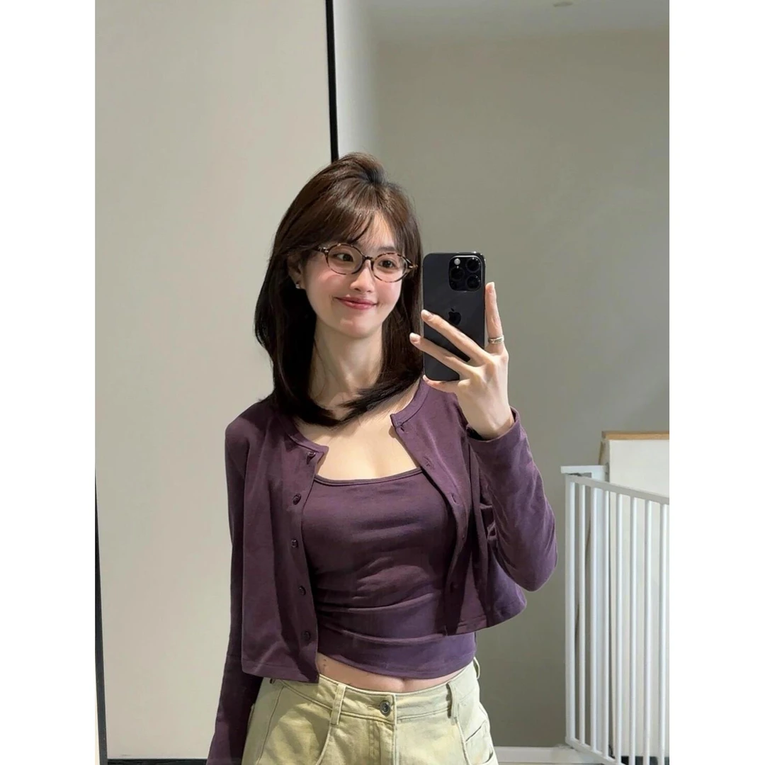 韩系辣妹紫色吊带针织衫女2025春季新款气质高级感性感纯欲风上衣