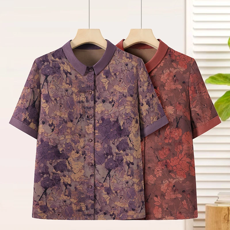 奶奶装夏季短袖衬衫老年女装老太太翻领上衣妈妈夏季衬衣老人衣服