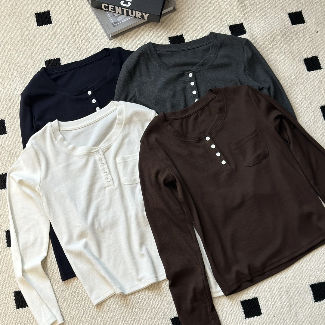 【米可家】单口袋小纽扣显瘦螺纹长袖上衣98011