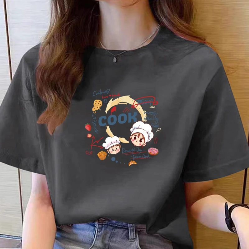 2025年春夏新款印花圆领潮流T恤百搭设计感纯色T恤女纯棉半袖