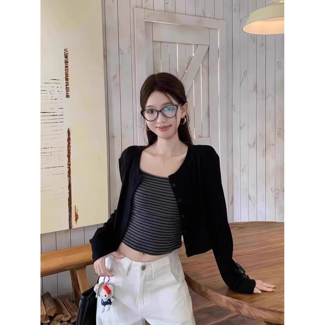 小众撞色条纹吊带背心辣妹套装女秋季设计感长袖开衫气质时尚外套