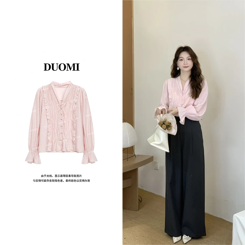 【DUOMI】早秋新款女装百搭时尚设计感拼花边小衫上衣女D7586
