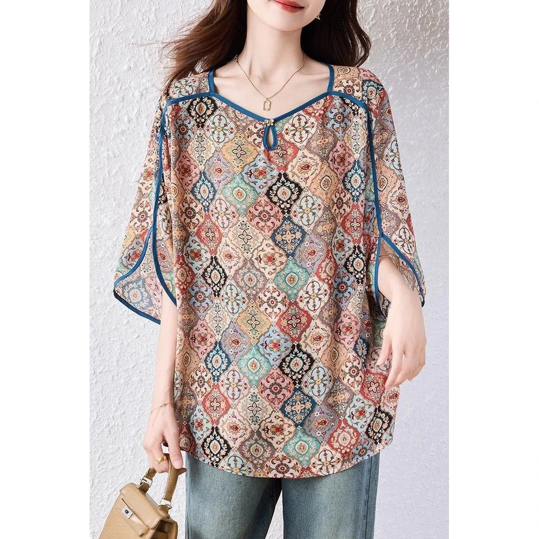 哥弟阿玛施正品2025夏季新大码国风七分袖大码小衫胖MM宽松显瘦中