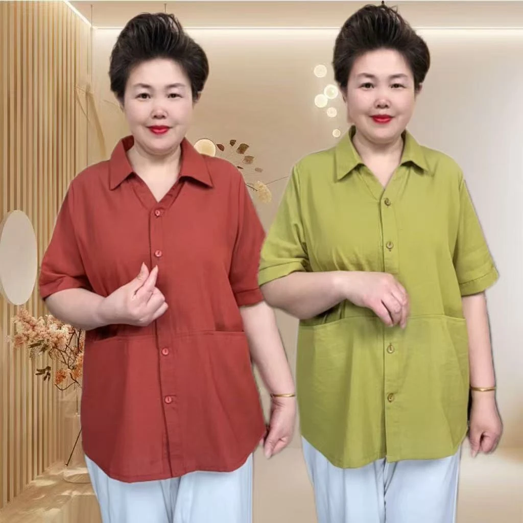 夏季大码气质常规休闲衬衫中老年宽松洋气夏装纯色薄款时尚衬衣