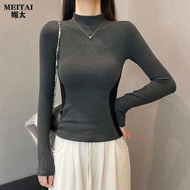 MEITAI媚太半高领螺纹拼色长袖t恤女春秋打底衫修身内搭显瘦上衣