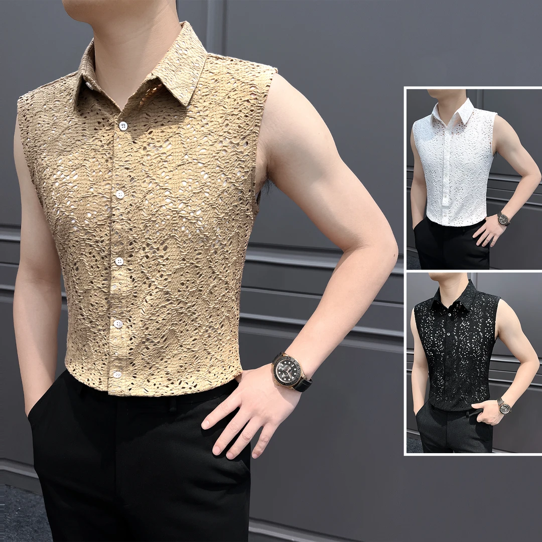 镂空无袖衬衫男短袖夏季薄款网红洋气炸街男装痞帅高级感男士背心