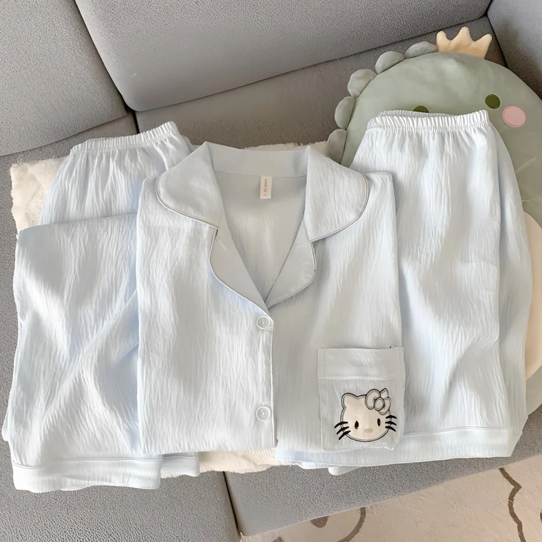 短袖冰蓝***猫】春夏云朵绵短袖三件套睡衣女纯色卡通可爱家居服