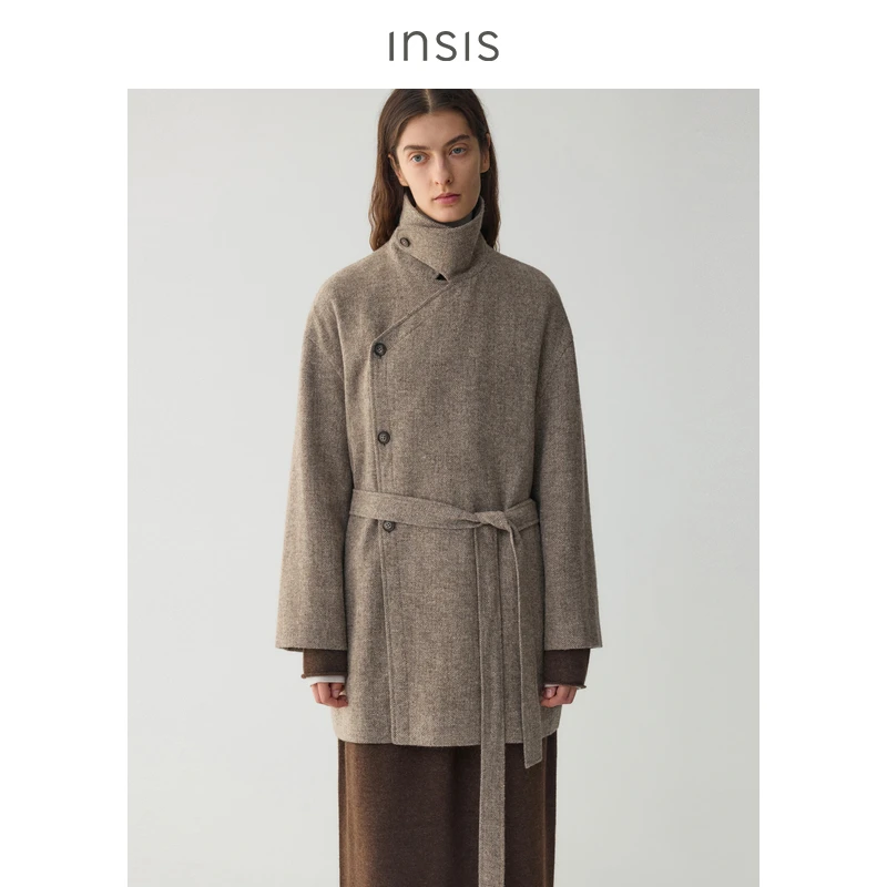 【新中式】INSISFEMME人字纹法国亚麻美丽诺羊毛偏门襟短款大衣