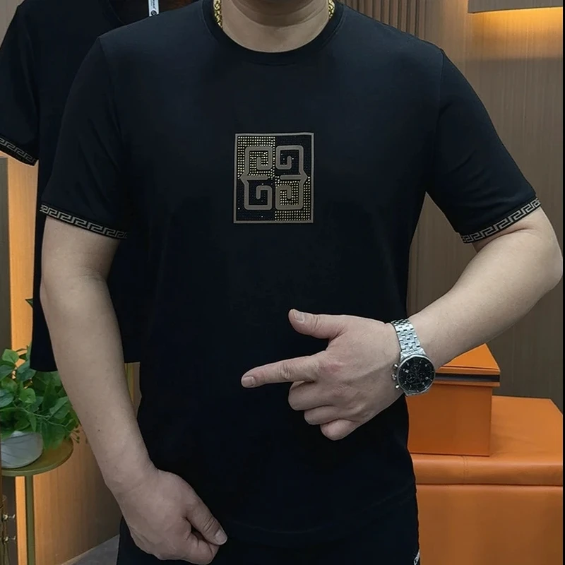 9906新款欧货商务半袖帅气短袖T恤纯黑亮钻美式男士