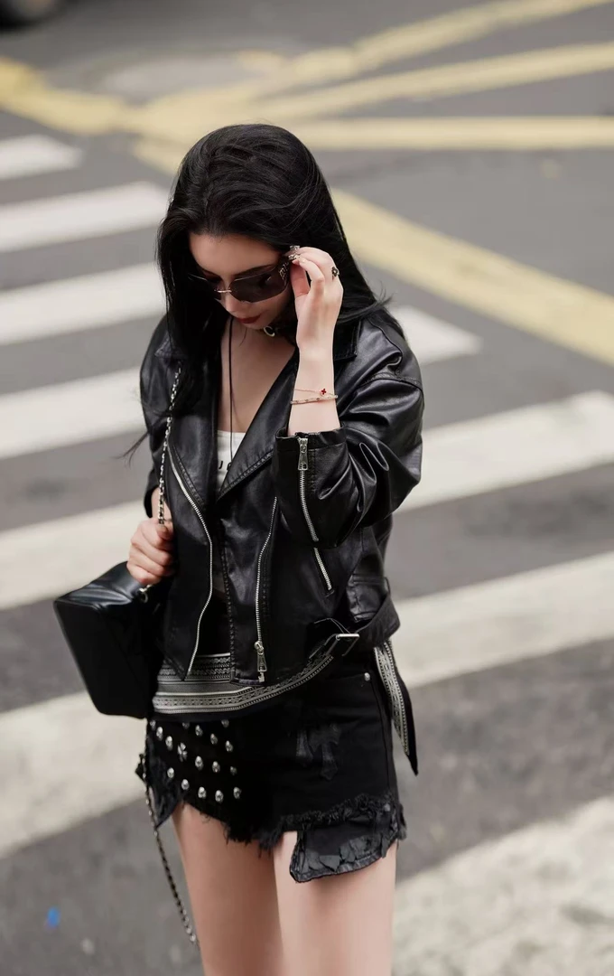 口袋双层领短款西装领标准皮衣休闲宽松黑色秋冬上衣Q5JC008