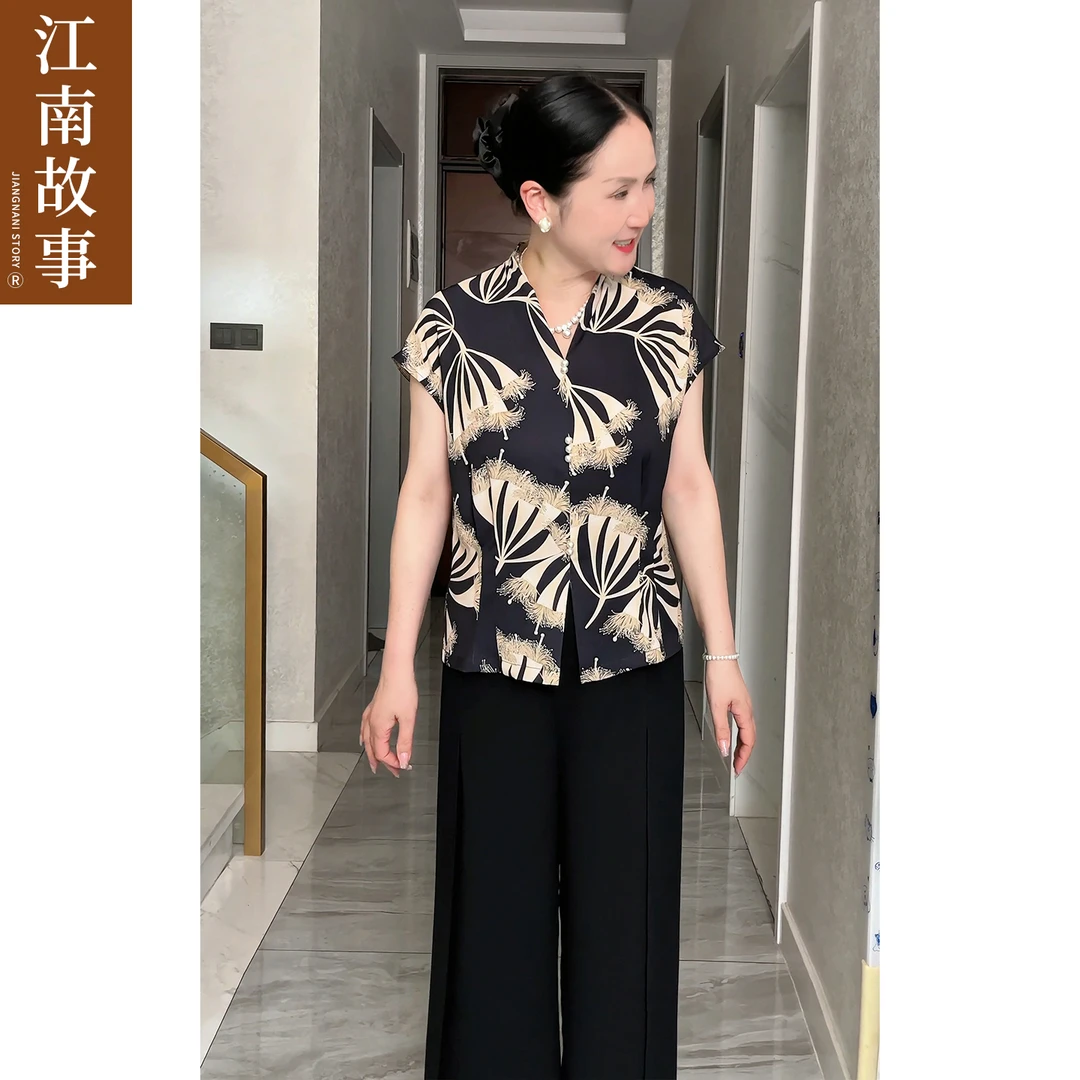 江南故事2025夏季新款轻熟风低奢风时尚印花小衫洋气中老年套装