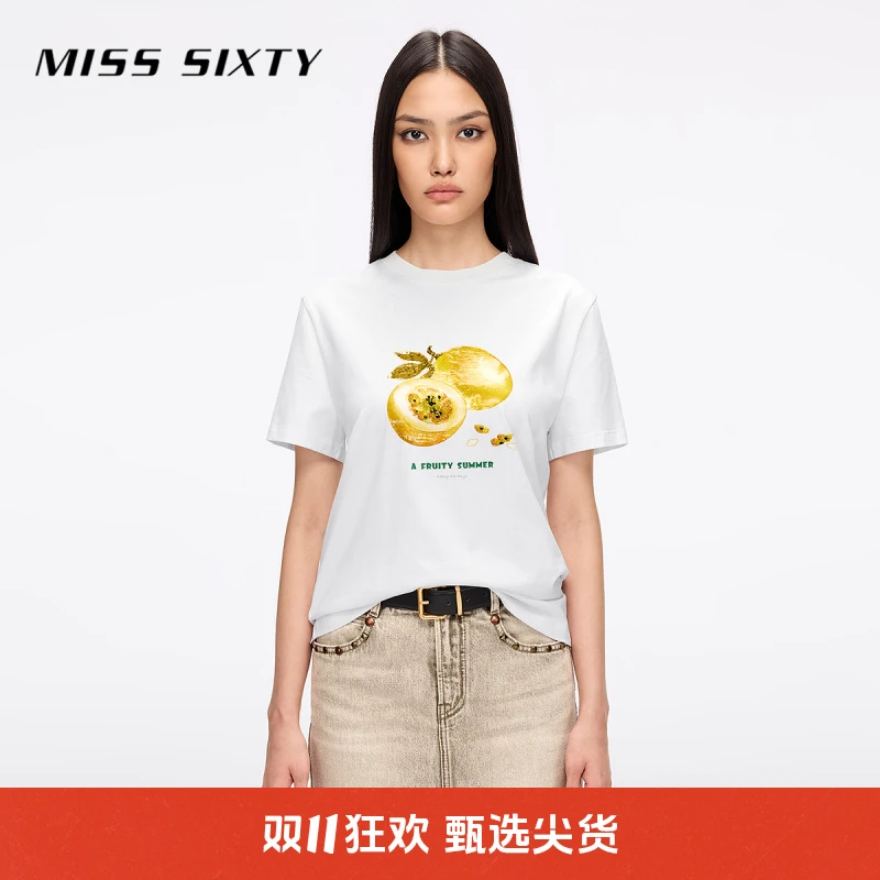 Miss Sixty2025夏季新款T恤女重工钉珠撞色水果印花短袖圆领上衣