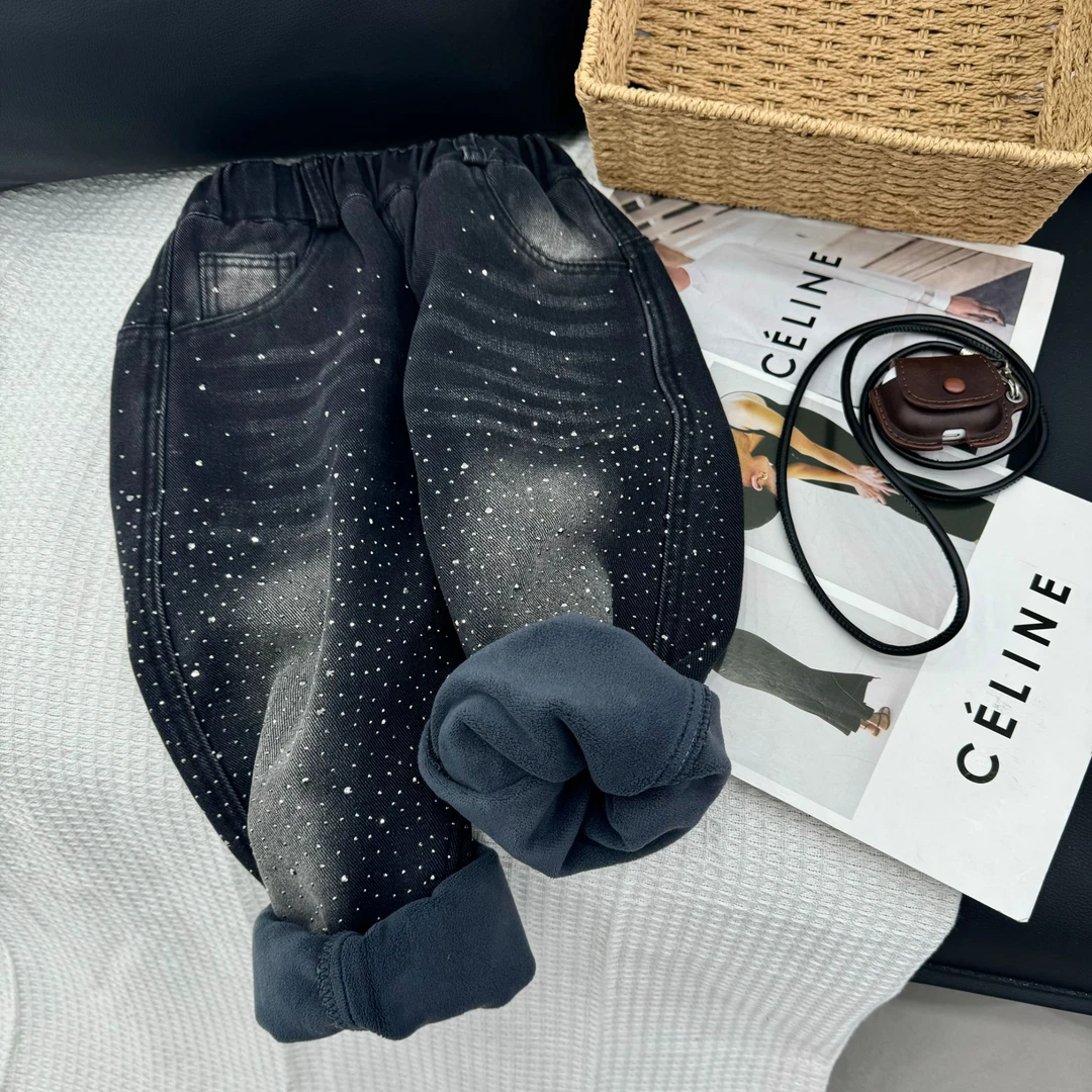 亮闪闪百搭新年加绒加厚牛仔裤男女童宝宝保暖满天星新年加厚牛仔