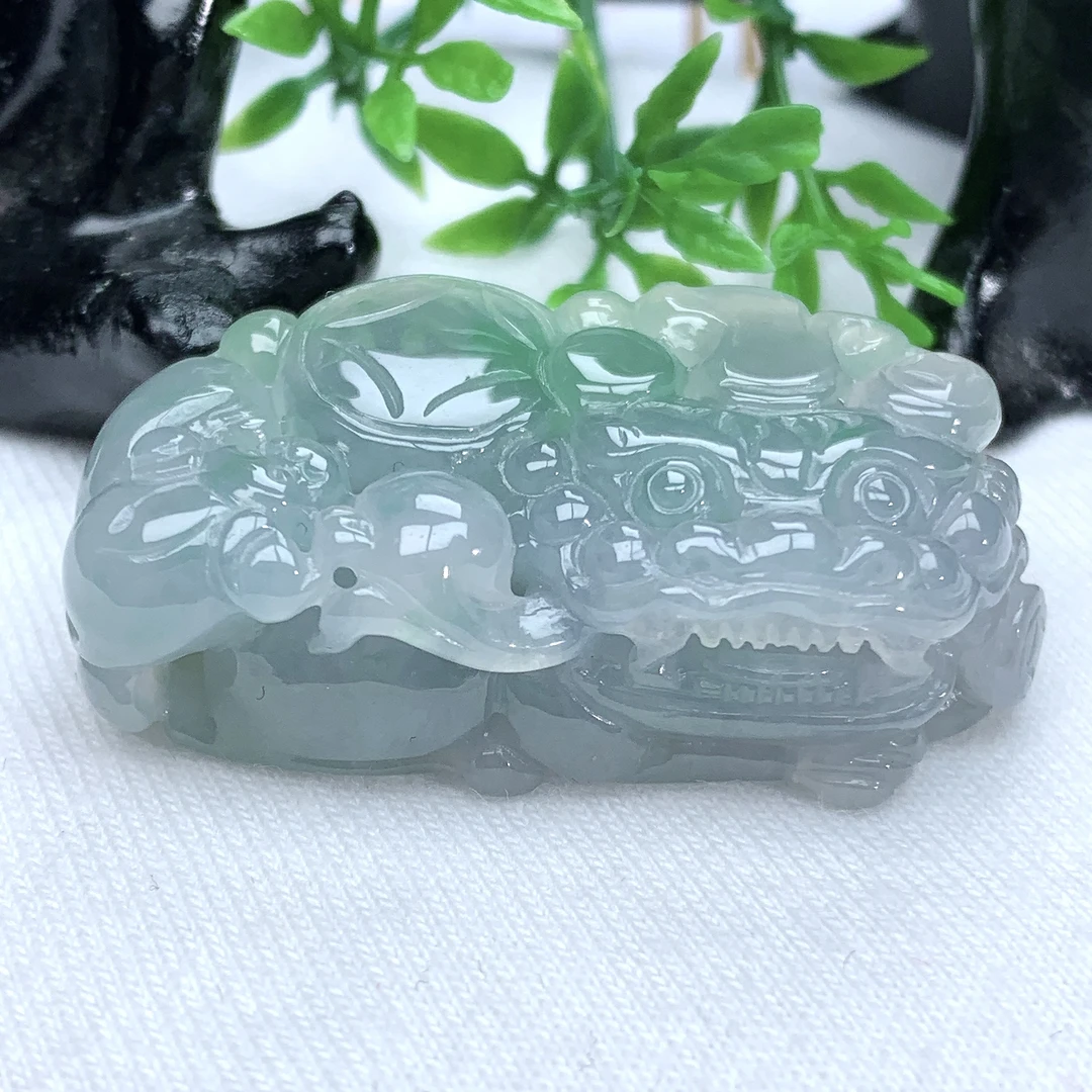 天然缅甸翡翠A货冰润紫罗兰飘绿春带彩霸王貔貅吊坠41−21.7−13mm