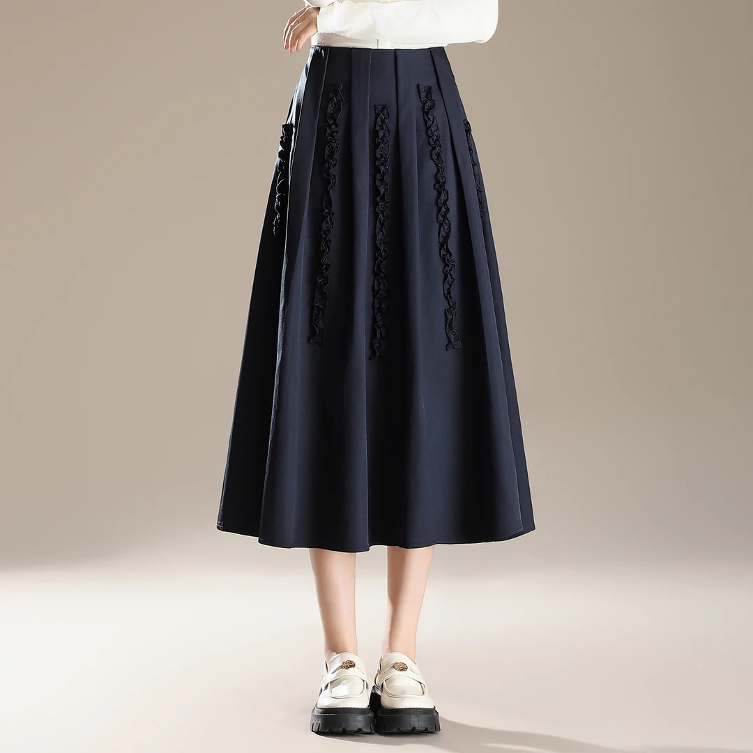 加厚款秋冬季木耳边半身裙2025新品气质高级感遮胯显瘦口袋裙长裙