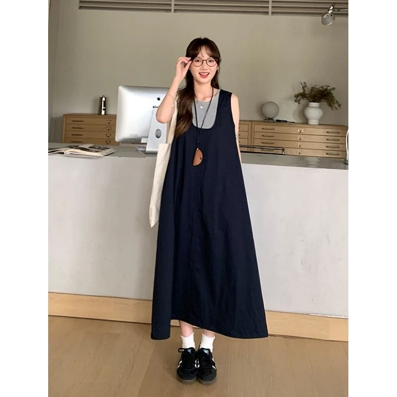 韩系chic两件套复古甜美背带连衣裙女夏季叠穿内搭背心上衣