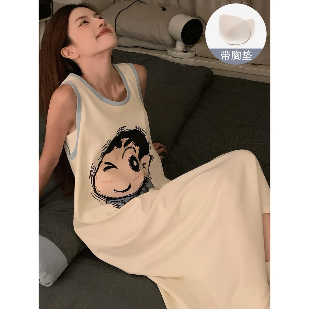 带胸垫无袖睡衣女款夏季日系可爱卡通小新吊带睡裙2025新款家居服