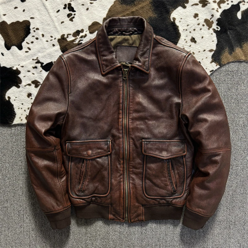 经典复古A2石磨做旧真皮皮衣头层牛皮翻领修身机车服安欣同款夹克