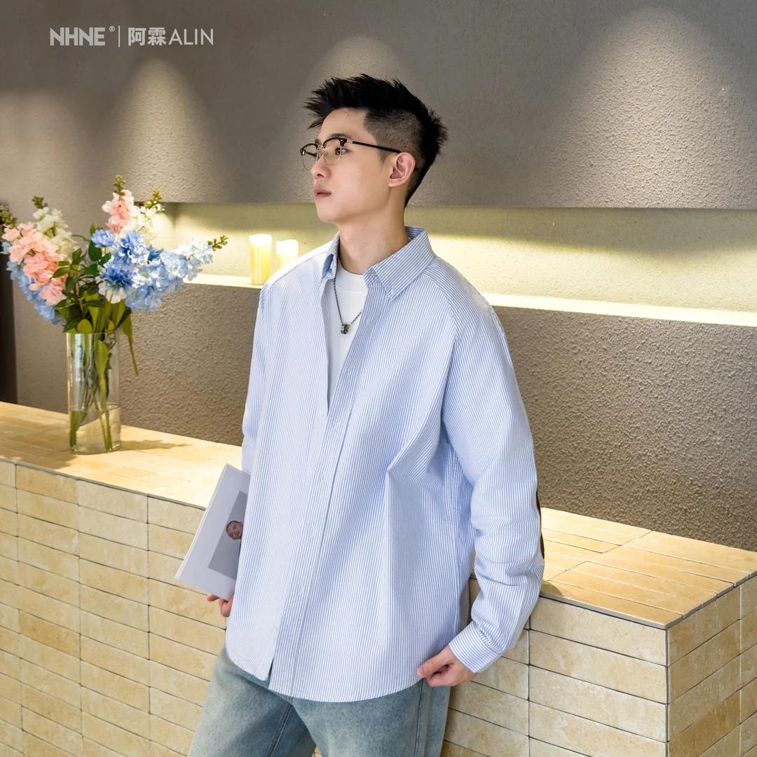 【阿霖ALIN】全棉牛津纺色织条纹拼接设计款春季时尚百搭长袖衬衫