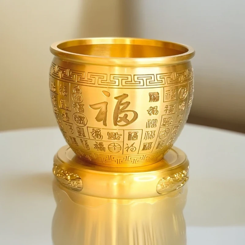 纯黄铜新款福字铜缸聚宝盆家用招财喝茶高档客厅店铺前台装饰品